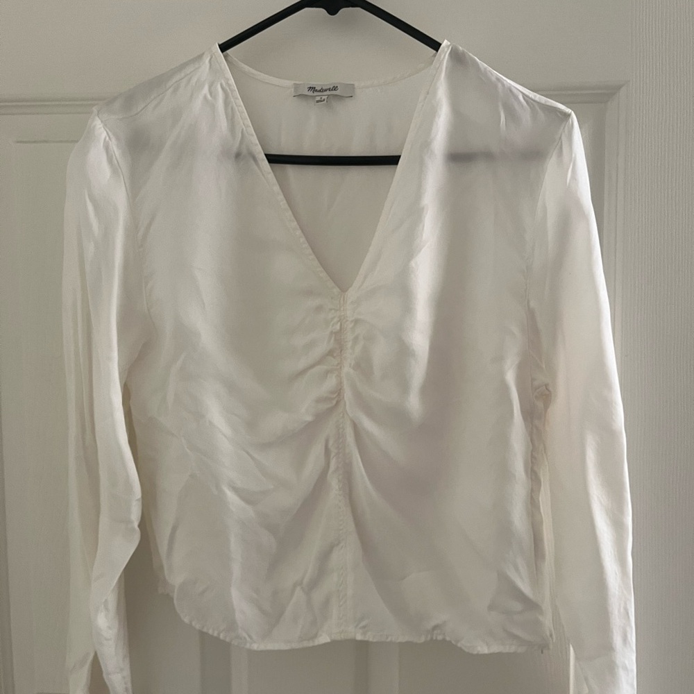 Madewell White Ruched V-Neck Top